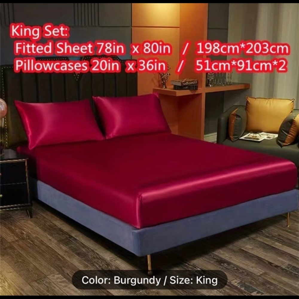 Brand New Satin King Bed Sheets- Burgundy